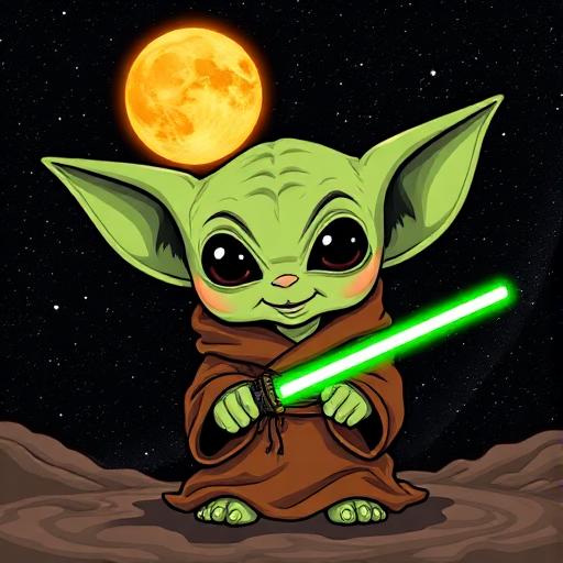 Baby Yoda with a green lightsaber